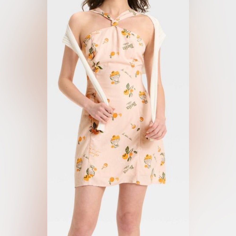 EUC Wild Fable Bella Vita Citrus Print Dress Halter Style Grommet Tie Back Zip S